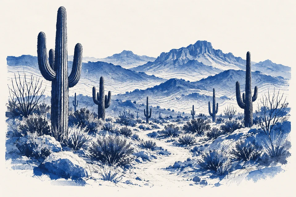 Original blue-ink illustration of saguaros and Sonoran desert mountains.