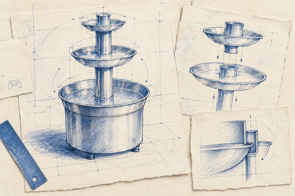 Original blue-pencil illustration of a three-tier fountain and loose product-study sheets.