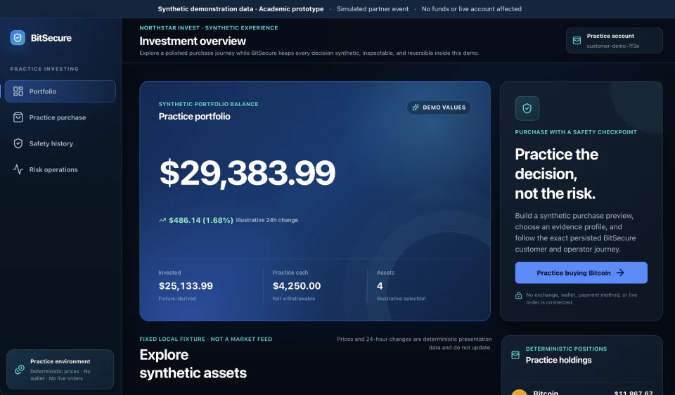 BitSecure academic prototype with synthetic investment values and a safety checkpoint.